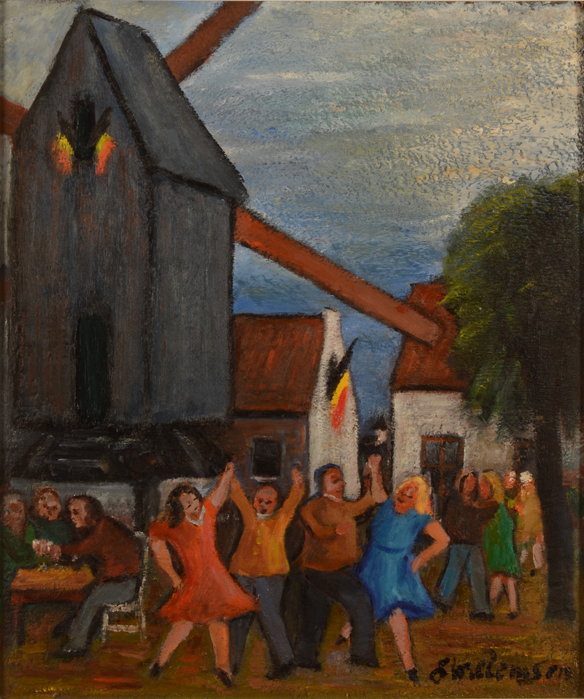 Gaston Willemsen — Kermesse au Moulin de Laetem, huile sur toile/panneau signée