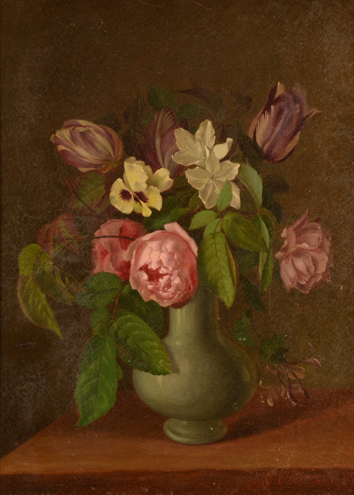 Williamson D. — Nature morte aux fleurs, huile sur toile, signée, Ecole anglaise du 19e