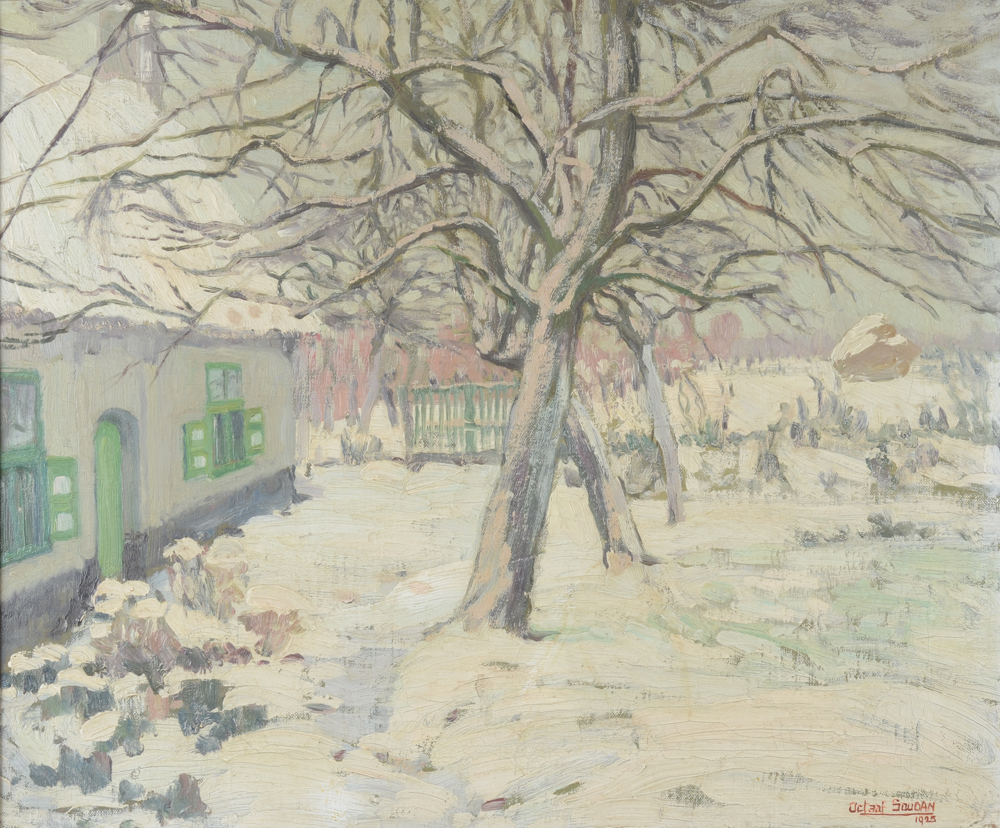 Octave Soudan — L'atelier du peintre en hiver, huile sur toile signée et datée 1925