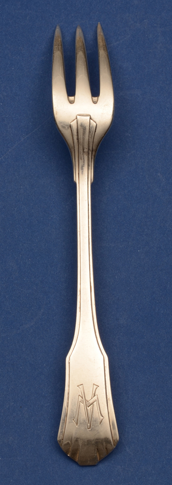 Wolfers Freres — Back of the silver art deco fish fork, with original owners initials&nbsp;