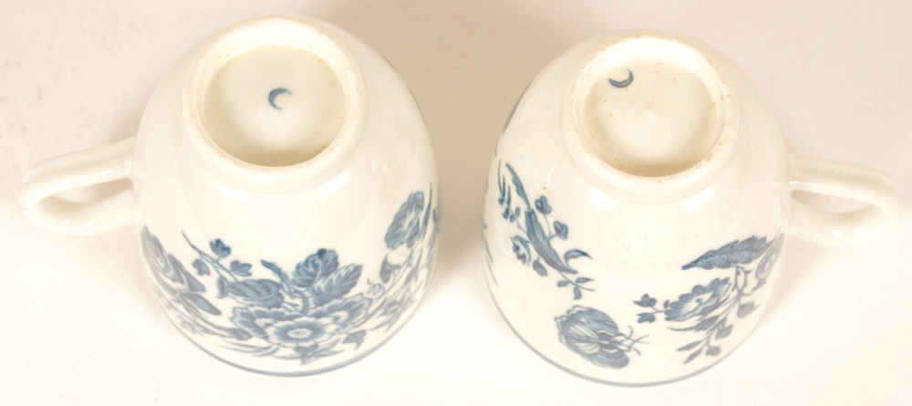 2 18th century Worcester porcelain cups — marked with the 1st period blue crescent