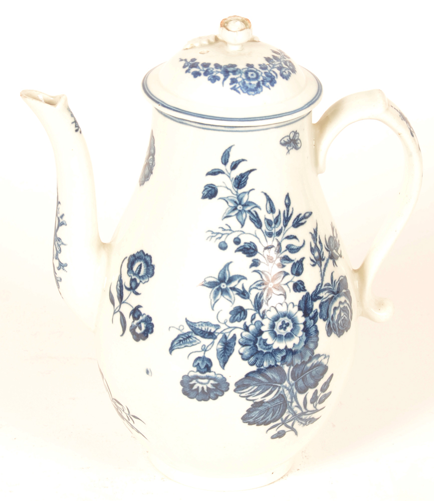 Worcester 18th century porcelain coffee pot — with lid, front view, 1st period, the three flowers pattern with butterflies