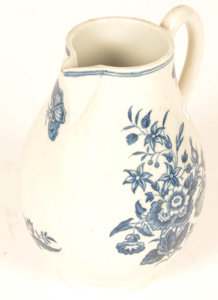18th century Worcester porcelain milk ewer — decorated in 1st period underglaze blue transfer printed pattern