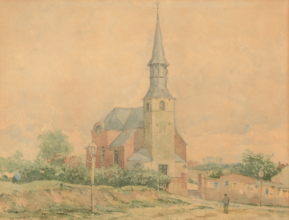 Rodolphe Wytsman Etterbeek Church — Aquarelle de l'ancienne église Ste Gertrude à Etterbeek, Bruxelles