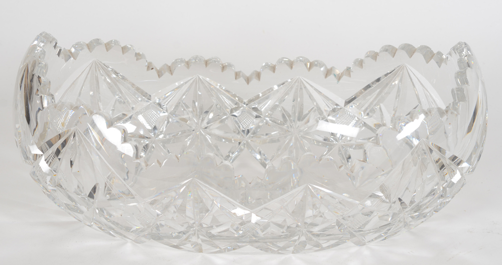a large Val St-Lambert canoe shaped cut crystal coupe — the coupe in good condition, no large chips or cracks visible