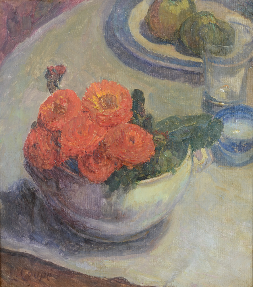 Louise Coupé — Les soucis, huile sur toile signée