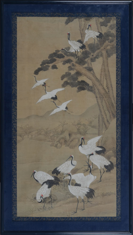 Chinese painting of a flock of cranes — The painting in its modern frame