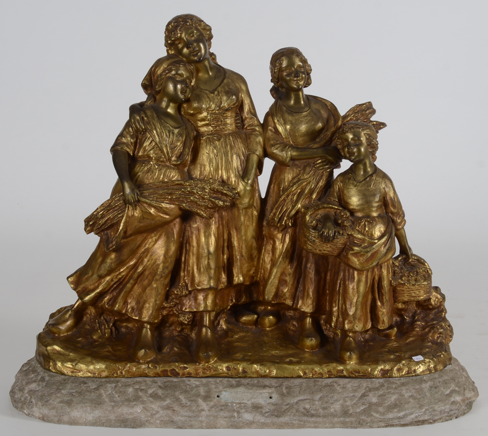 Joseph D'Aste, le chant des moissonneuses — groupe en bronze doré sur la base d'origine, signé