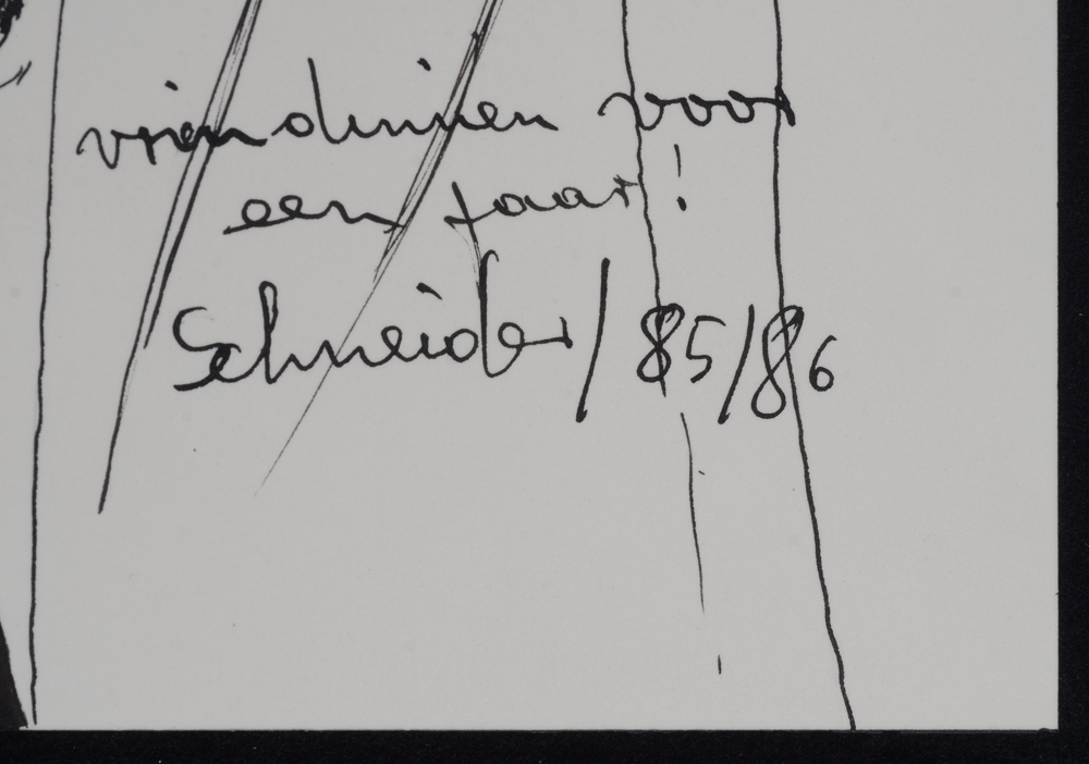 Jurgen Schneider 'Vriendinnen voor een jaar!' — Title of the drawing, signature of the artist and date of creation. Bottom right.