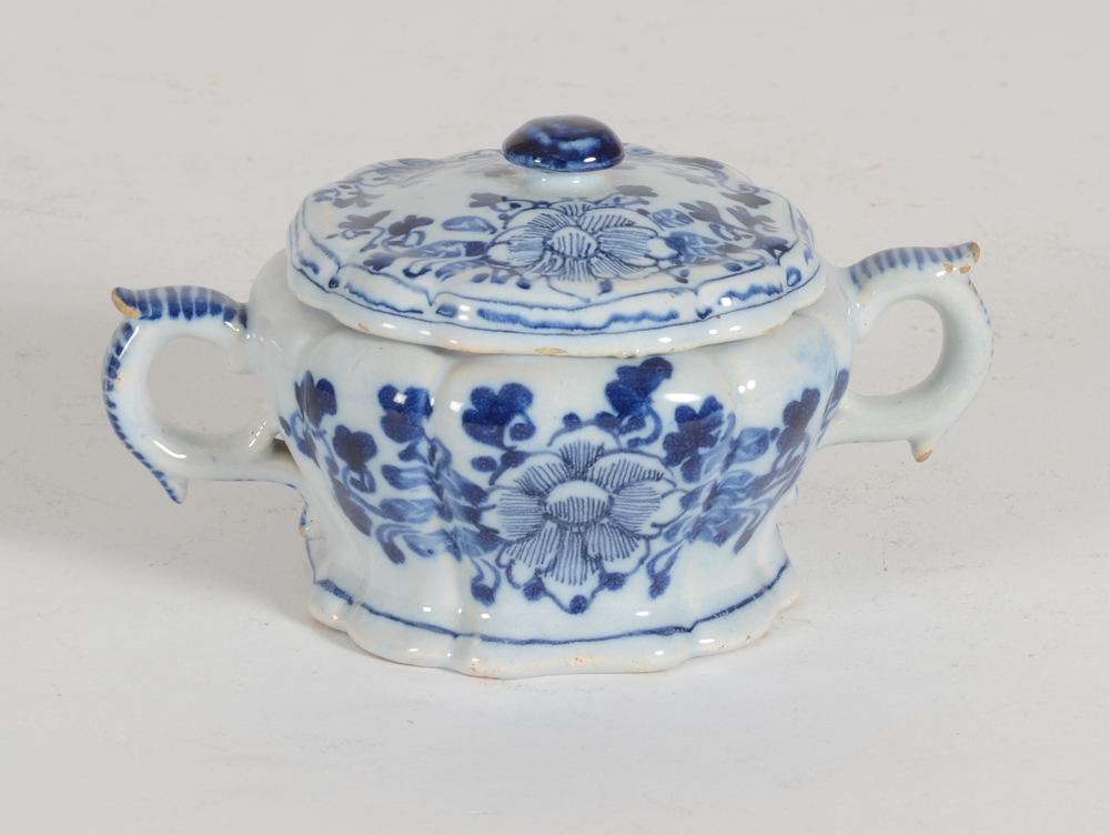 small lobed Delft lidded pot — small 18th century pot with 2 ear shaped handles&nbsp;