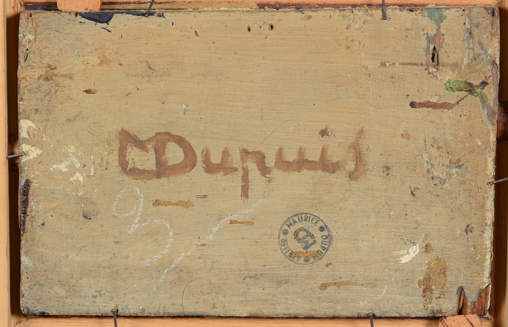 Maurice Dupuis  — Detail of the back of the panel with the full signature of the artist and the studio stamp below