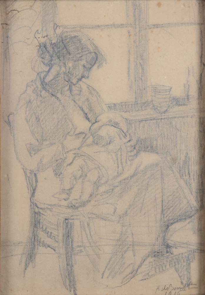 Karel De Bondt, mother and child, an early drawing from 1916 — Mère et enfant dans un intérieur, dessin de 1916