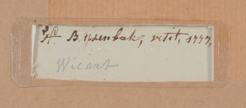 B. Ysenbeek Untitled signature  — Original signature of the artist and date on the back of the drawing in ink. Name of 'Wicart' written in pencil added later, probably reference to Nicolaas Wicart. 