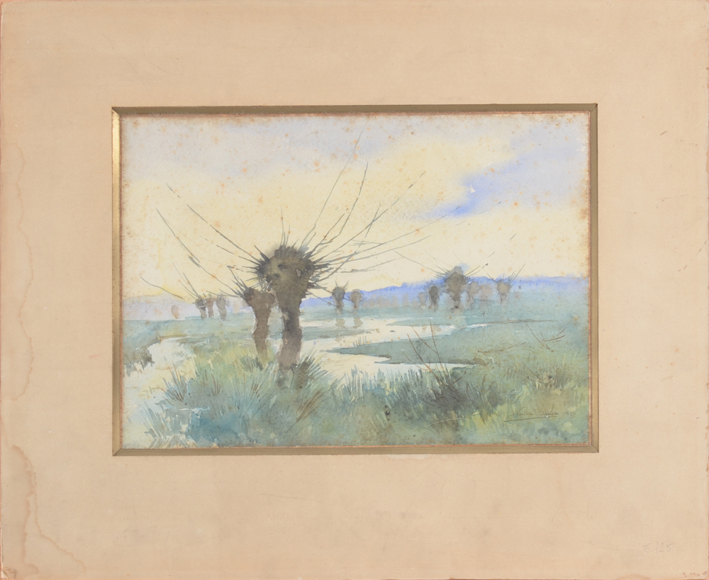 Nestor Outer Landscape  — Aquarelle d'Outer, paysage aux saules, signée par l'artiste et datée en bas à droite