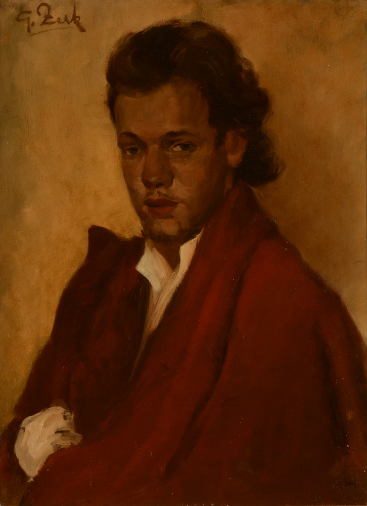 Gustaaf (Staf) Zerk — Portrait d'un jeune homme, probablement un autopotrait, huils ur toile marouflée, signée.
