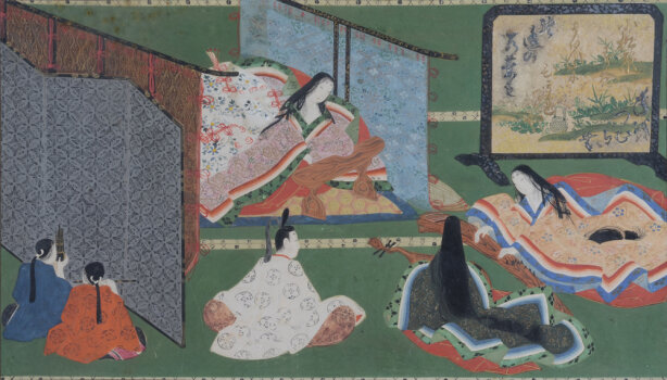 A Japanese painting of court musicians in an interior