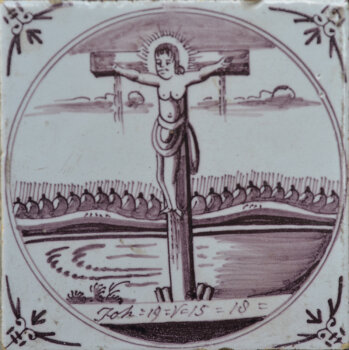 A Delft manganese tile with the crucifxion