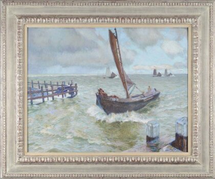 Maurice Sijs or Sys fishing boats seeking refuge at Volendam Harbour 1915