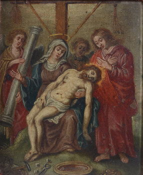Old Master Painting, deposition from the cross with the Arma Christi, oil on metal