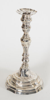 Philippus I. De Clercq, a slender handcrafted L XV 18th century silver candlestick, Ghent, 1777