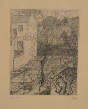 Jules De Bruycker, Jardin (urban landscape), a rare etching, 1928