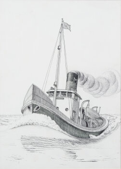 Mark Severin the tugboat, an original ink drawing from 1928