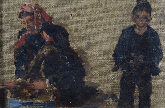 A small oil on canvas study of a peasant woman and boy, ca. 1900
