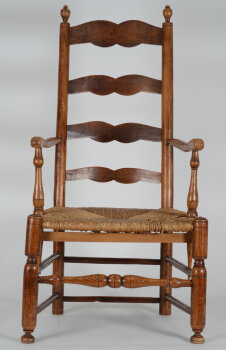 A High back arm chair, turned wood (elm?), Belgian folk art from around 1850