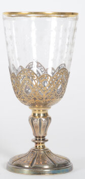 A historismus engraved drinking glass with silver gilt base, France, ca. 1900