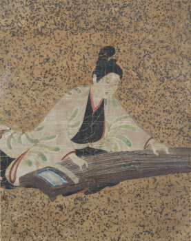 Japanese watercolour showing a musician playing