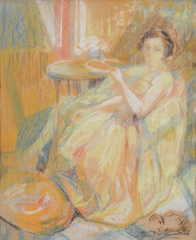 De Maertelaere Edmond a lady in an interior, pastel on paper