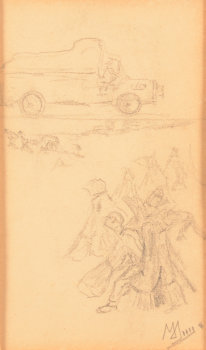 Modest Huys study drawing of a truck and field workers