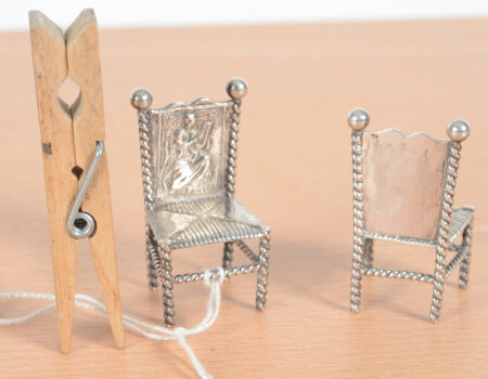 2 Dutch silver miniature high back chairs