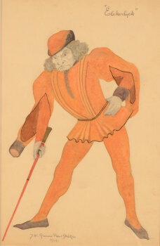 Jan Willem Grinwis Plaat Stultjes costume design for Elckerlyck man with walking cane 1924
