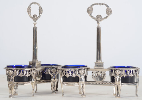 Jean-Pierre-Nicolas Bibron a pair of silver and blue glass 'Putti' salts in Empire style, 1809