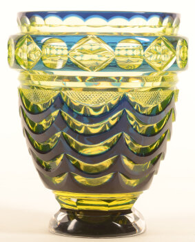 Val Saint-Lambert art deco cut crystal vase blue and uranium yellow