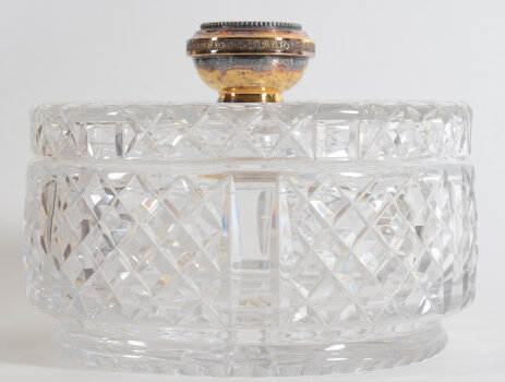 Wolfers Frères SA, a large sterling gilt and cut crystal circular biscuit jar, 1960's