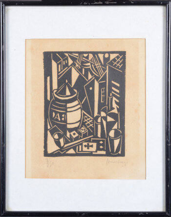 Charles Counhaye an Expressionist still life woodcut