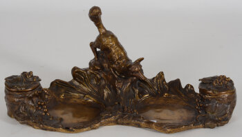 Albert Marionnet a patinated bronze fox double inkwell