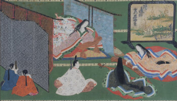 A Japanese painting of court musicians in an interior