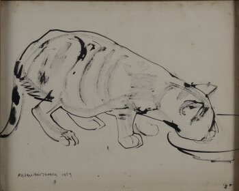 Alfons Van Meirvenne cat drinking drawing 1958