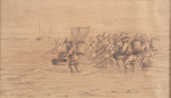 Jan Van de Kerckhove, Shrimp fishers near Ostend, 1856, an original ink drawing