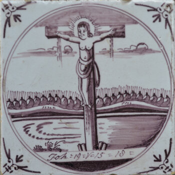 A Delft manganese tile with the crucifxion