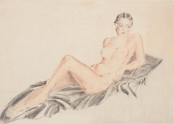 Reclining female nude hand coloured etching