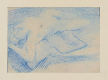 Gaston Pauwels reclining nude blue pencil drawing