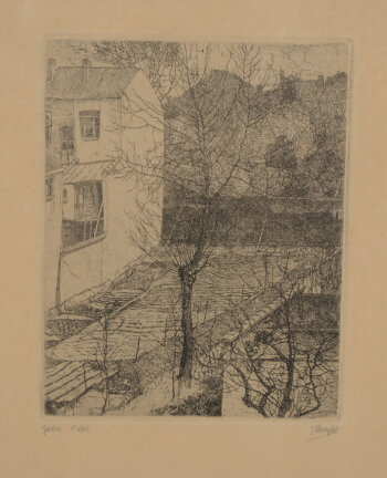 Jules De Bruycker, Jardin (urban landscape), a rare etching, 1928
