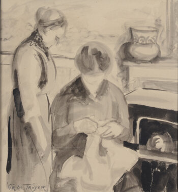 Prosper De Troyer Interior with two women lavis on paper ca. 1918