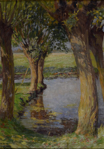 Joseph Roger Caspeele willows at the river Leie near Ghent, an oil painting