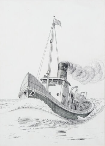 Mark Severin the tugboat, an original ink drawing from 1928