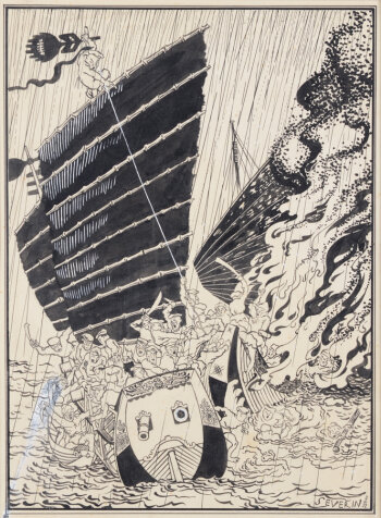 Mark Severin A naval battle in Asia, an original ink drawing from 1932